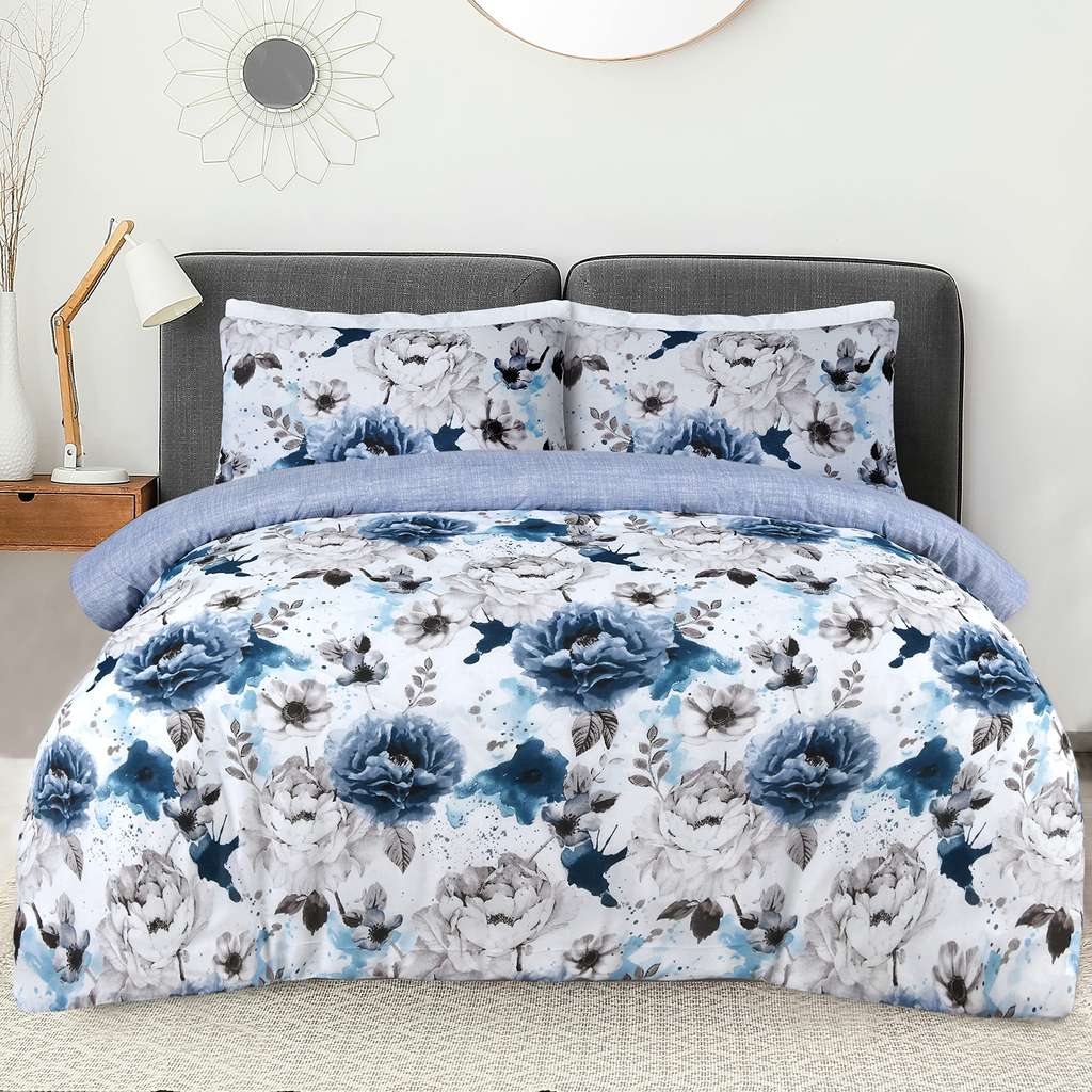 Duvet Cover Set - Blue - Inky Floral – Plain Reversible with pillowcase - Single || Get Kingsize for £12.24 - sold/ship by Sleepdown_
