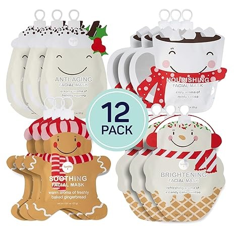 SpaLife Beauty Holiday Treats Christmas Face Mask Bundle | Korean Facial Mask | Hydrating, Soothing and Moisturizing Sheet Mask Set | Stocking Stuffers for Women | Bulk Christmas Gifts | 12 Pack