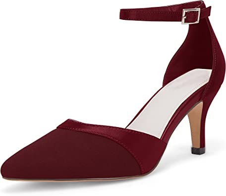 Coutgo Women's High Heel Covered Lace-Up Pumps Satin Mid Kitten Heel Ankle Strap Buckle Basic Wedding Bridal Dress Shoes