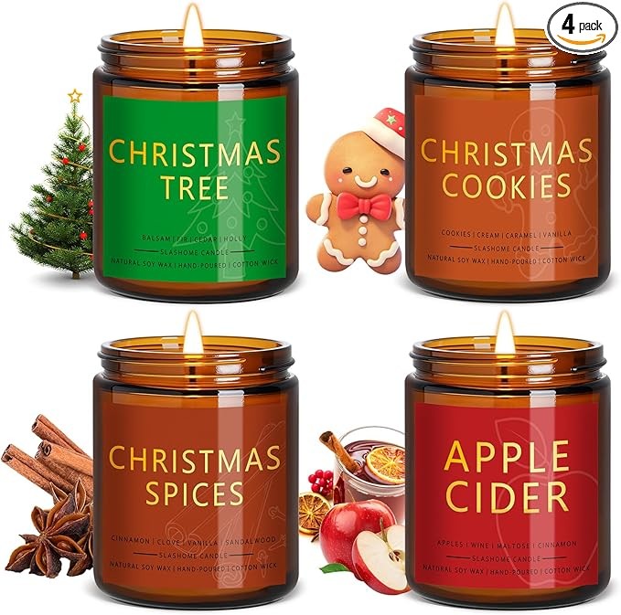 Christmas Candle Gift Set, 4 Pack 7 oz Soy Scented Candles for Home, Holiday & Birthday Gift for Women & Men, Includes Christmas Tree, Cookies, Spices & Apple Cider, Winter Holiday Home Decor